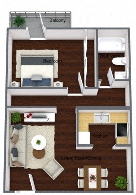 Floor plan for 1 bed, 1 bath, 667 sqft